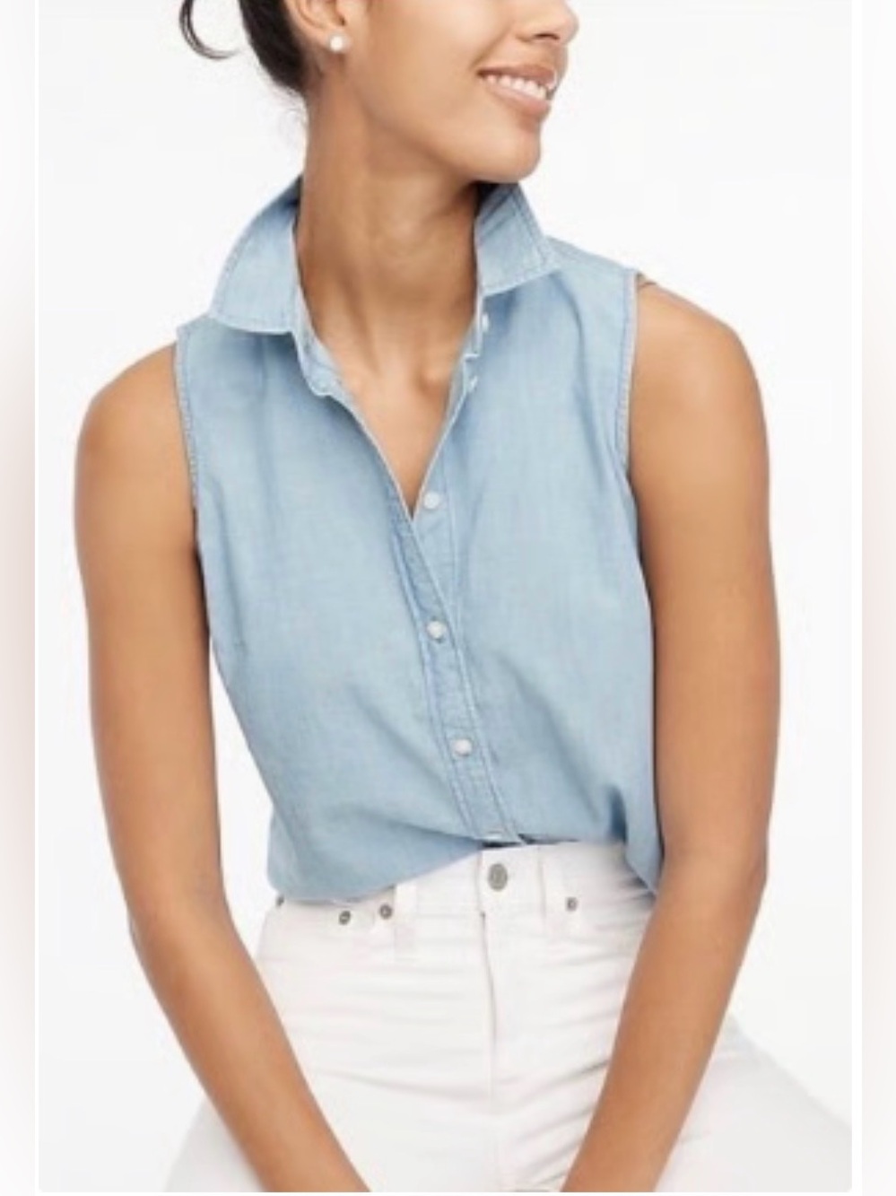 J. Crew Sleeveless Chambray Button-Down Top in Light Blue 100% Cotton